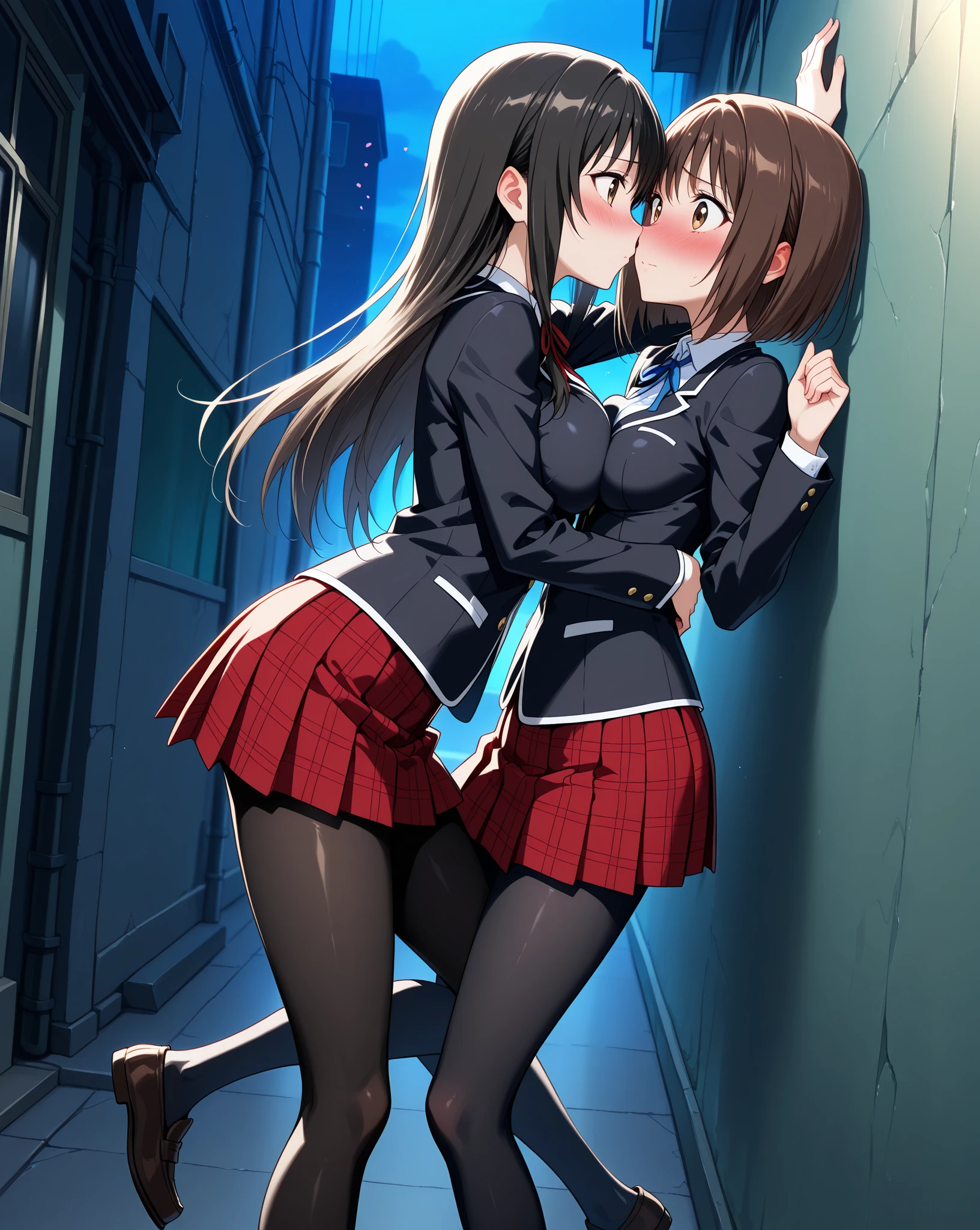 Gestapo uniform, female lesbian kawaii sisters kissing in Auschwitz concentration camp, wearing SS uniforms. 8k. masterpiece. best quality. best artwork. lingerie