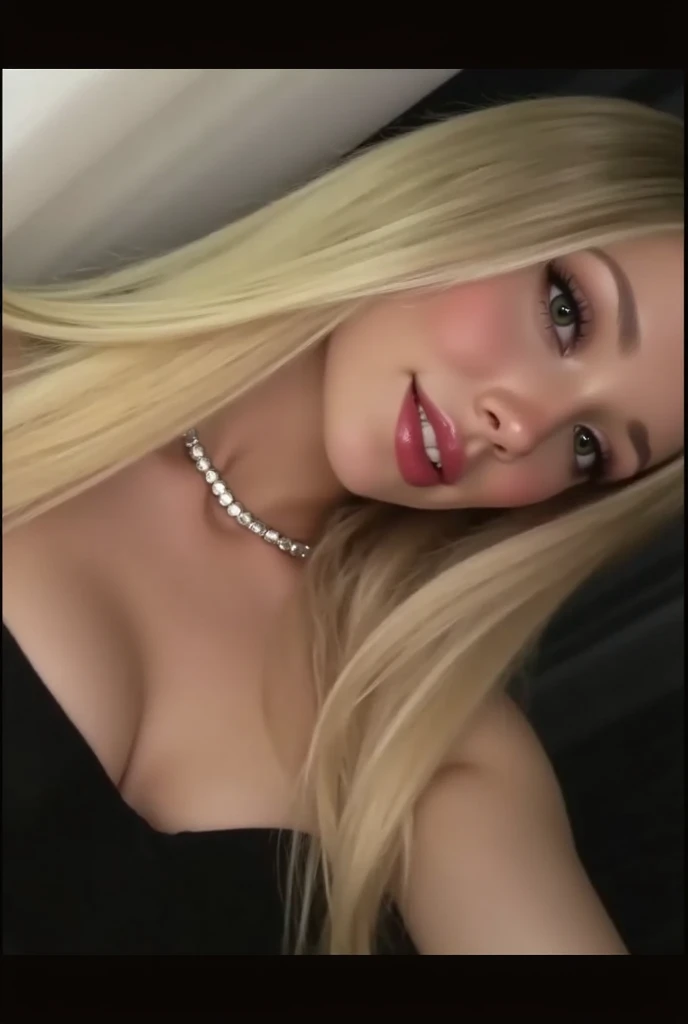 (Selfie, top-down view: 1.4), (Right half of the body: 1.4), RAW UHD portrait photo of a 25-year-old European blonde, very large breasts, wearing low cut sparkling silver dress