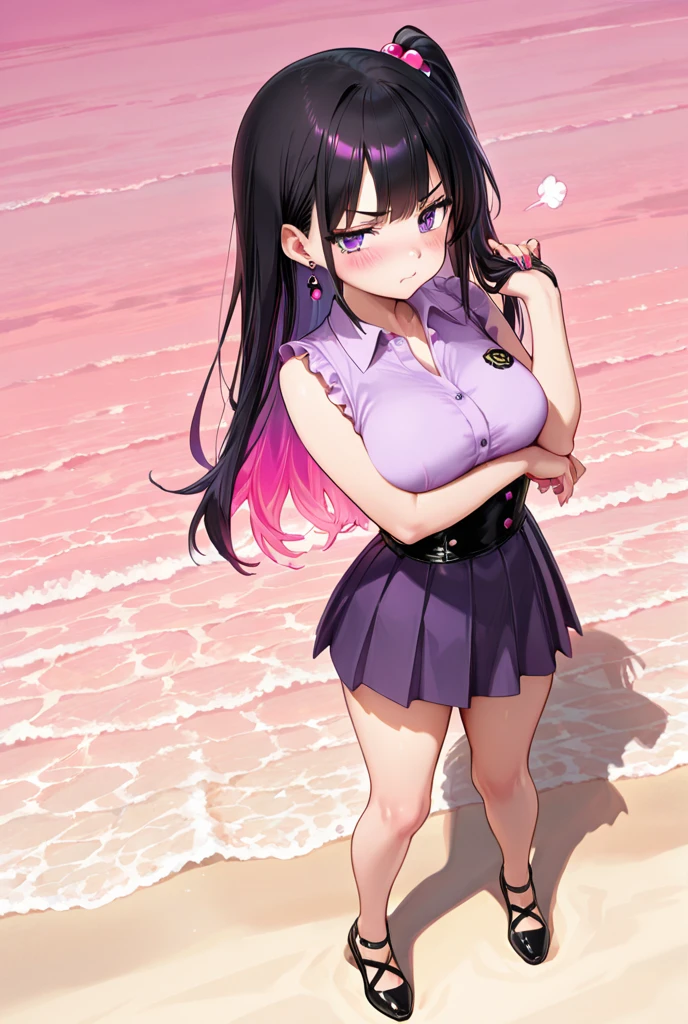 A rainbow in the blue sky,Masochist attribute,Fukuhara Ai Image,Purple long hair,Large Breasts,Wear a skirt,Top view