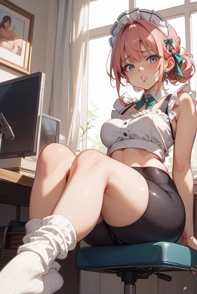 High-definition images, atmospheric perspective, 8K, Super detailed, Accurate, highest quality, anime background, 1 female, Last, (ecstasy face), (drooping eyelashes), ((sleepy)), (((Finely designed, luxurious and colorful adult shorts, panties High-definition images, Draw pants with super precision))), ((Show off your panties with an unusual pose)), ((spread legs, raise your legs)) open your mouth, (shirt, (swollen areola)), ((thin thighs, thin legs)), pantyhose, earrings,  necklace, (Rubbing masturbation), ((moment of orgasm)), (angle from below), hair up, factory clerk, Uniform jacket, Nameplate, in factory,