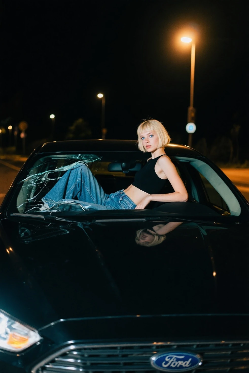 best quality, high resolution, and18, 1girl, android 18, solo, blonde hair, blue eyes, short hair, earrings, jewelry, denim vest, open vest, black tights, black shirt, denim skirt, striped long sleeves, skirt blue, medium breasts, cowboy shot, street, off the shoulder, Strapless, sitting sensual and sexy android number 18 sitting on top of a luxury car. sensual
