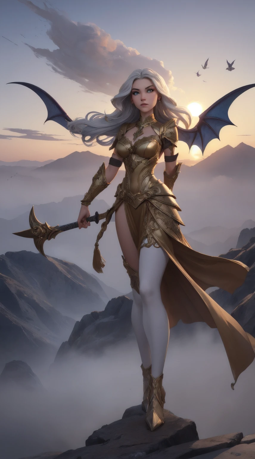 Very detailed CG, (beautiful eyes, white dress, dragon wings, medium breasts, bare legs, head dragon horns, short dress, blonde hair, socks, holding a long medieval sword in the left hand ), (dragon, dragon breathing fire, breath fire), volcanic eruption, magma, fire effects, flames, sky, mountains, clouds, dynamic angles, ethereal, 8k wallpapers, Masterpieces, better quality, super detailed, better lighting, better shadows