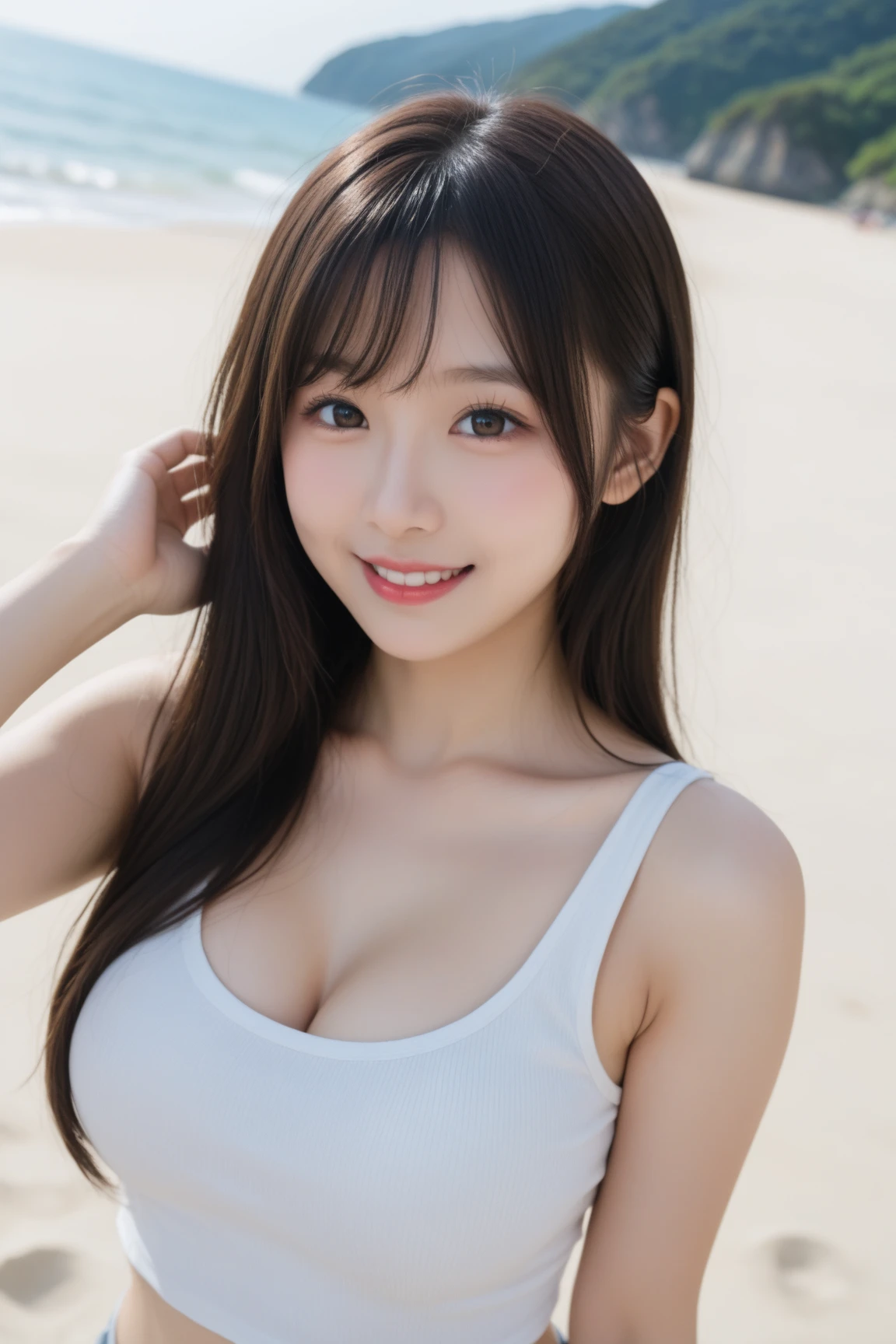 (((masterpiece))),(((High resolution)))、(((perfect face)))、(((Korean beauty)))、30 years old、(((beautiful face)))、(((tube top))), (bikini), big tits, Plump、((top quality eyes)), detailed texture, ((high resolution face)), erotic smile, at the beach