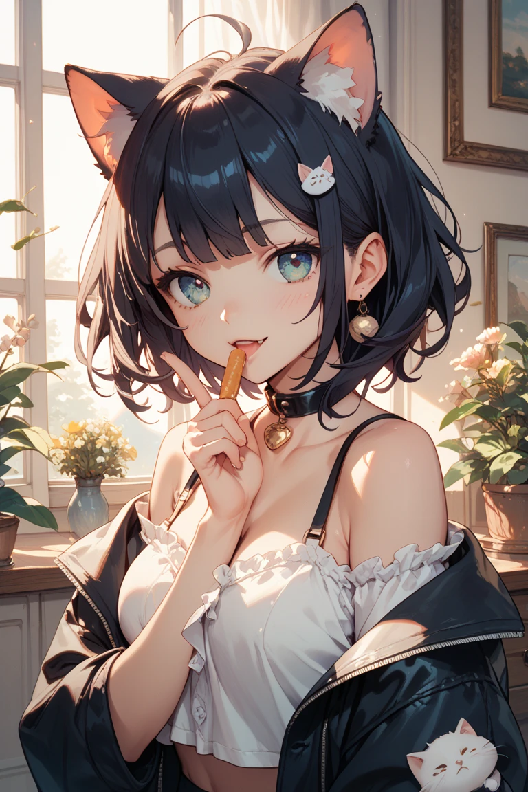 ((highest quality)), ((masterpiece)), (detailed), Perfect face brown hair Wolf Cut Bath time with bangs held up by a band Cat ear She has her eyes closed and looks like she's enjoying it. Her breasts are so big. Red face Completely naked breasts are larger Her chest is H cup