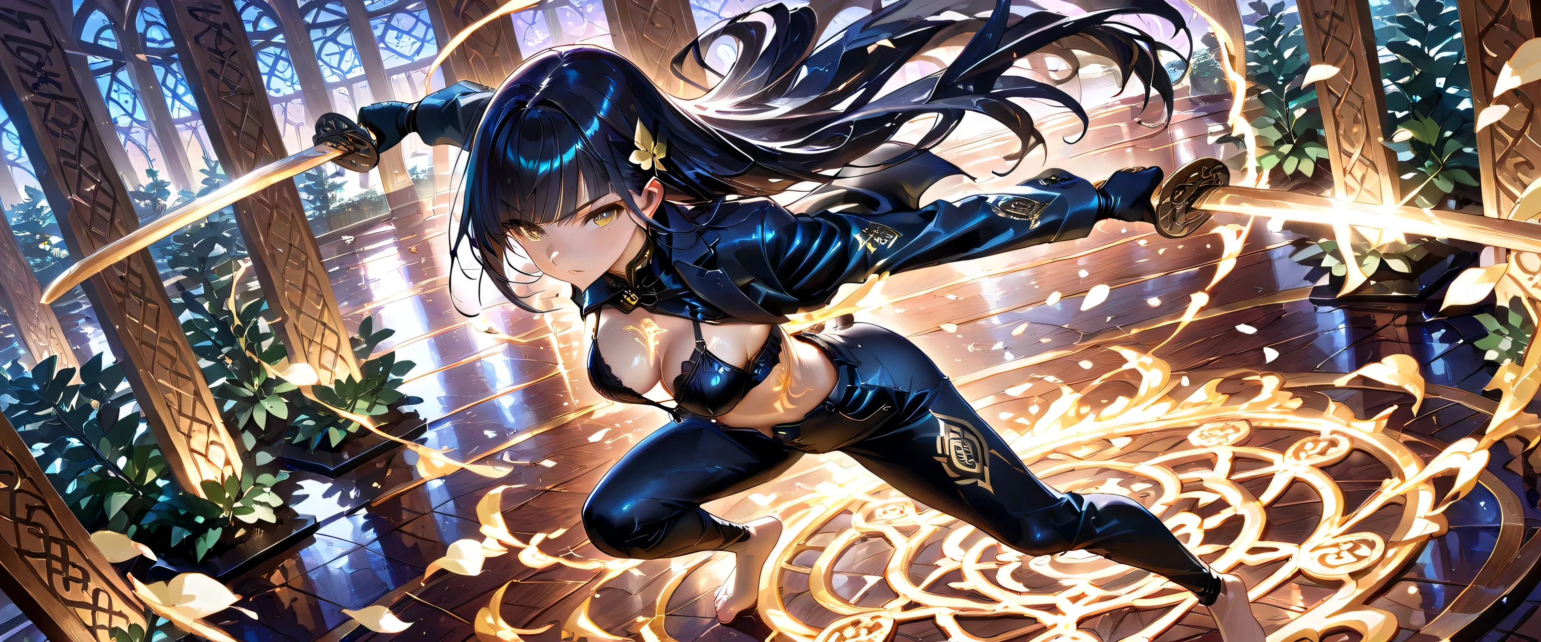 ultra-detailed, Explicit, Beautiful body, Beautiful Nose, Beautiful character design, perfect eyes, perfect face, ultra highres, 4K, beautiful legs, perfect legs, Nice hands, Perfect hand, Masterpiece, Best Quality, Highly detailed, illustration, absurdres, perfect ???????, street fighter, doll suit, shadaloo doll, dollsuit, expressionless, blank eyes, looking at viewer, red gloves, emotionless, black latex, corrution, mind control, female combatant, full body, hypnotized, unhappy trance, full body suit, ribbed bodysuit, both arms at side, obey, perfect female body, extremely glossy latex, hypnosis, hypnoLora, empty eyes, Mind control device, poses, submissive_pose, Slave, Bending down straight, Bending down, Bending down at attention, hat, necktie, belt, latex, ribbed bodysuit, thighhighs, garter belt, Fighting Stance, extending the right arm from the shoulder into the air with a straightened hand, military, thigh boots, black pantyhose, (((pixel-perfect, detail-perfect))), solo, 1girl, hair ornaments, very long hair, black hair, hair ribbon, yellow eyes, Dreamer, Girls Frontline, small breast, evil smile, evil grin, holding weapon, Bending down to look between her legs, looking from back, view from back, from behind, ass