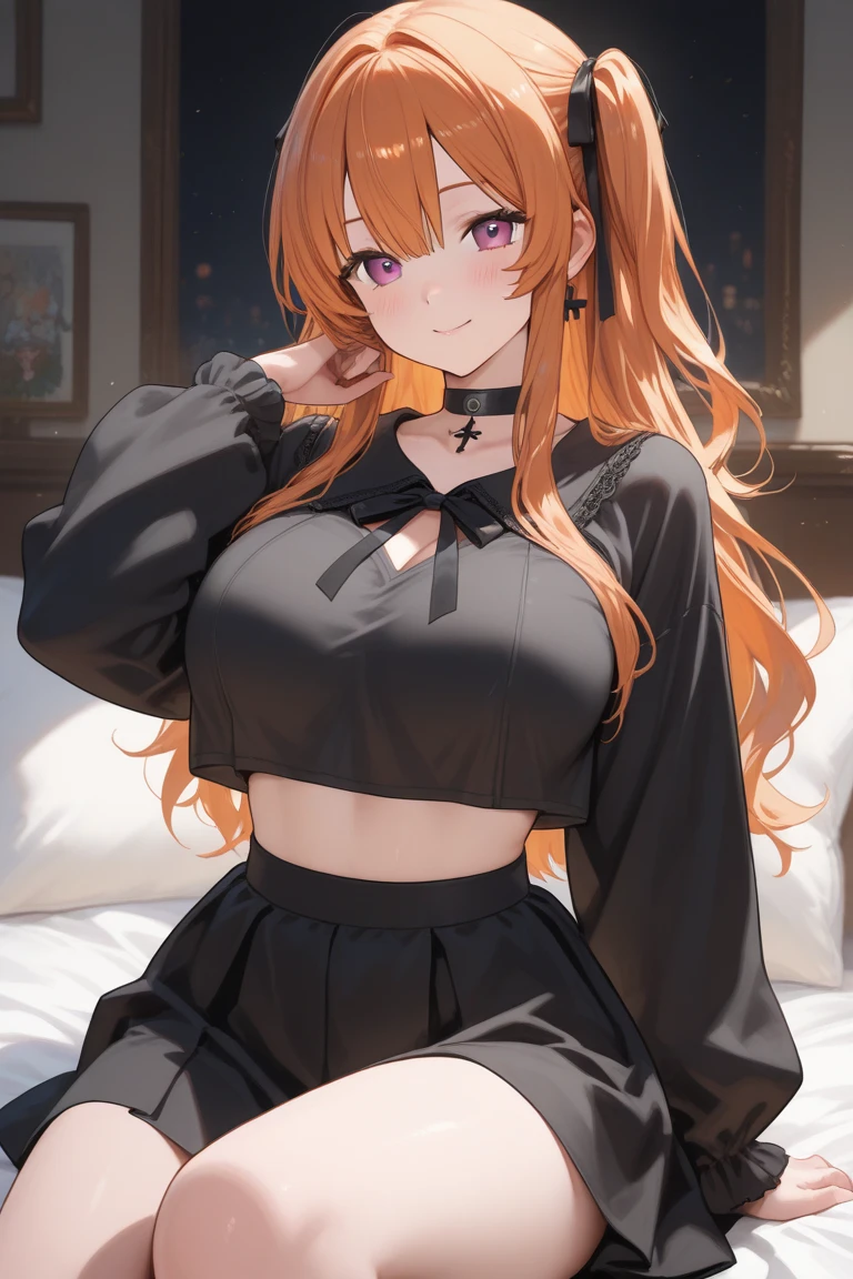 Realistic and detailed image of a girl wearing a sweater and a torn miniskirt with stockings. She has long curly orange hair, styled in a ponytail with a bobby pin on the right side. Green eyes with long eyelashes. Sensual expression. She has rabbit ears and tail, with earrings, small breasts, thin waist, wide hips, long legs and thick thighs. She is sitting cross-legged. She is in a penthouse on a starry night. View from below. Arching her back. Masterpiece of digital art, very detailed and coherent. complex, Soft focus, Dramatic shadows, Ominous shadows, Good lighting. ISO:100, F1.4, --equal 2