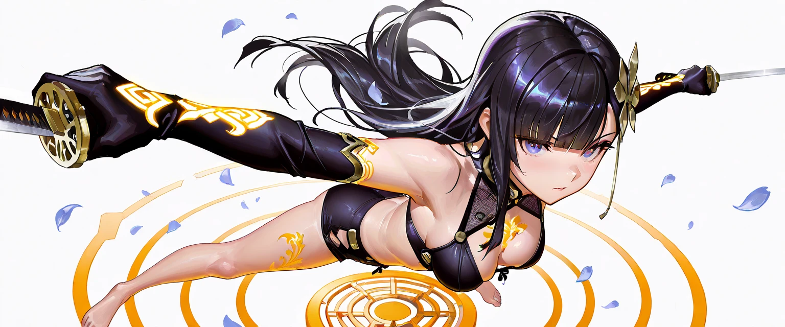 Flat-chested girl with long black hair，Demon horn，Japan Armor，Thong，cleavage，Bare Legs，barefoot，Standing，Japanese Shrines
