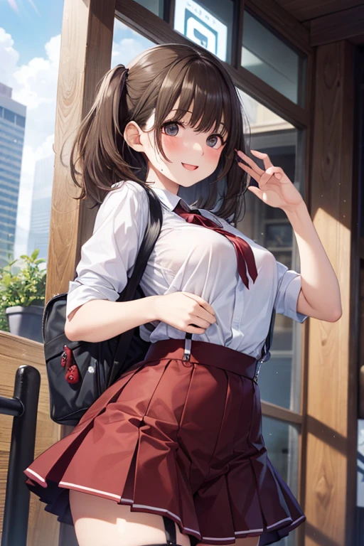 Lililukarde, Liliruka gets burned, (Brown eyes:1.7), Brown Hair, (Flat Chest:1.2), short hair,break happy smile, smile, Open your mouth,skirt, shirt, Short sleeve, white shirt, Pleated skirt, Black knee socks,Brown loafers, 黒のPleated skirt, Sweater vest, (brown Sweater vest:1.5),morning,morning陽,The sun is rising,whole bodyがイラストに入るように,walking,
break looking at viewer,whole body,
break outdoors, In town,Building district,
break (masterpiece:1.2), highest quality, High resolution, unity 8k wallpaper, (figure:0.8), (Beautiful fine details:1.6), Highly detailed face, Perfect lighting, Highly detailed CG, (Perfect hands, Perfect Anatomy),