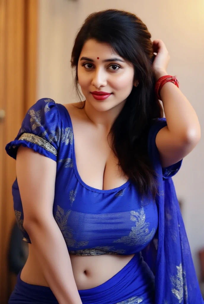 extreme close up photo of vedhika from top view, big cheeks, curvy, hourglass figure, sexy navel, swooping breasts, kneeling on the living room floor, showing finger with breasts to viewer, sweating, seductive, blue saree, areolas, ponytail hair, necklace, look at viewer and smile, (cinematic:1.3), intricate details, (ArtStation:1.2)