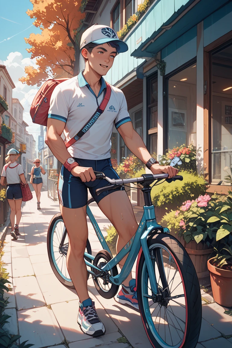 anime+hentai+yaoi style deep colors palette , simetryc composition, ultradetailed art style, oil painting, fullbody, perfect compositicion, perfect anatomy, wearing small litle shorts, dramatic, natural lighting, a young gorgeous, handsome, tall, perfect feet, latino , detailed realistic muscles, simetryc body, he is ridding a blue bicycle and holding a sort , carring a multicolor back bag, in a downtown scenario