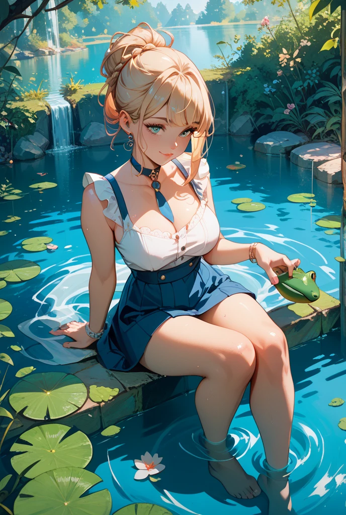 Girl with huge breasts wearing a micro bikini inside a fountain in a public park