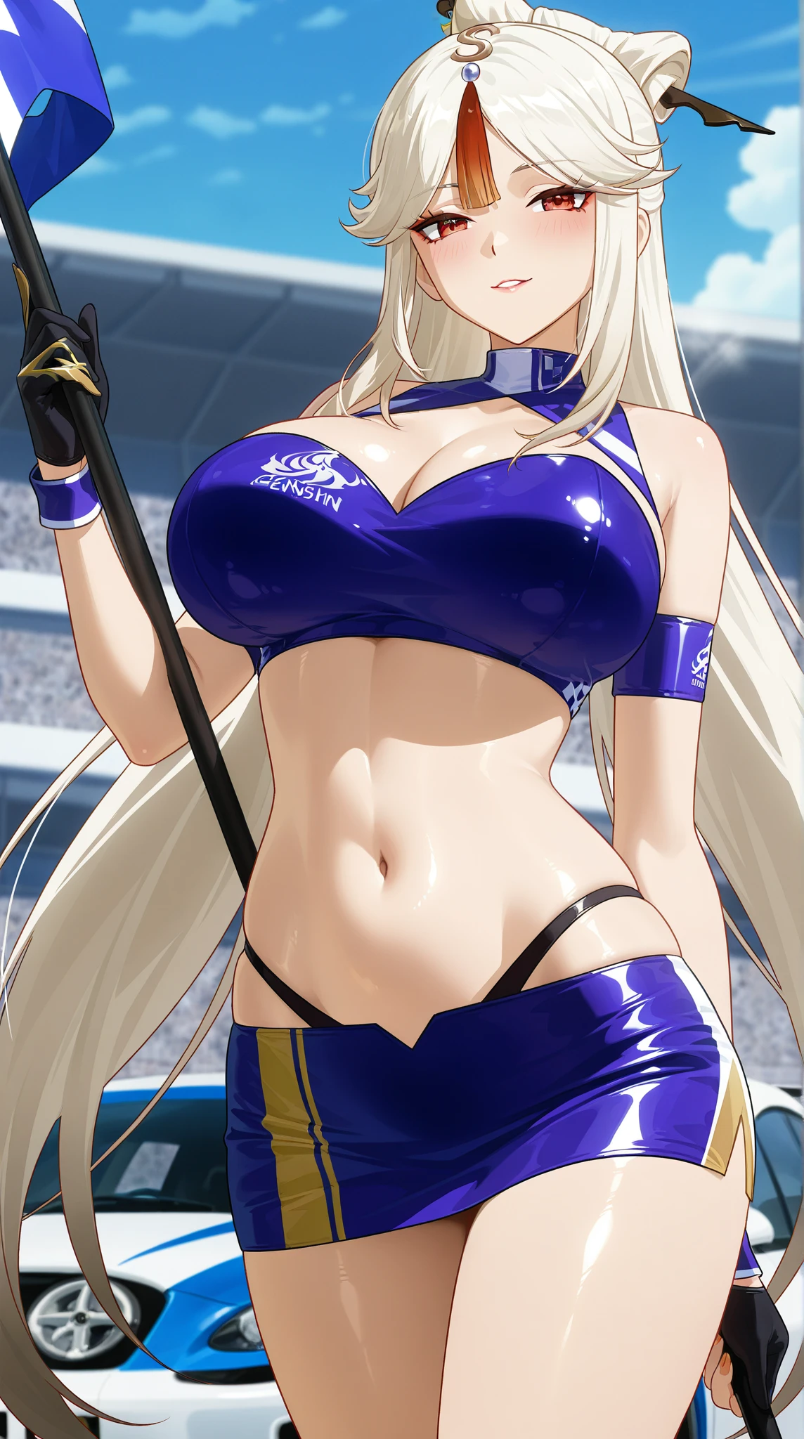 ((masterpiece)), ((high quality)), ((super detailed)), ((high resolution)) ,((8k)), a beautiful woman, ((She is one of the most famous female Gravure actress in the world.)), unparalleled beauty, ((huge breast)), ((large ass)), ((deep cleavage)), slim waist, chest out, ultra detailed face, perfect skin, (((Half-up hairstyle, Blonde straight hair))), blue eyes, detailed eyes, whole body image, (((anime))), ((glamorous)), 21 years old, ((incredibly beautiful woman)), ((The I cup bust)), ((((White color sling bikini ring wear)))), ((beautiful breasts)), beautiful legs, 8 life size, anime, the most beautiful and strongest, ((charm)), ((Half Japanese and half British)), ((Grown-up face)), ((Open Finger Glove, Five fingers)), (((Women's mixed martial arts, A fighting arena))), ((Bewitching)), ((A young heroine of the women's professional wrestling world)), ((((from below)))),