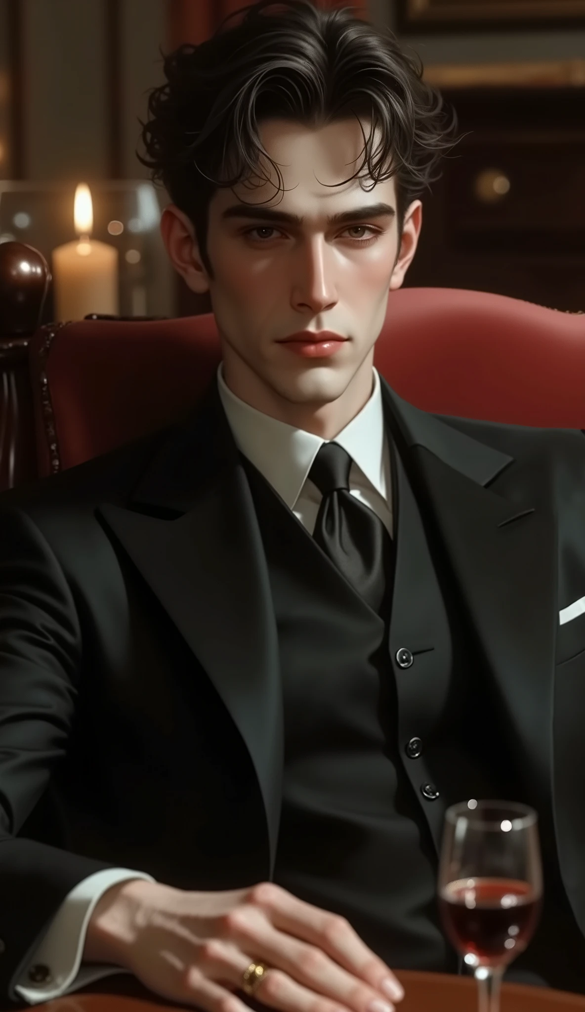 A mature man ,50 years old,sitting on the burgundy sofa chair,In front of you is the dining table,have a glass of red wine on the table,Candle。dark brown short hair curls,slightly silky sideburns,Add mature charm。deep eyes like ink,with exploration and gentleness,Thin lips often hang like nothing。A tall nose and thin lips outline a cool yet charming outline,in a finely cut black suit,The temperament is a mixture of mystery and warmth。looking directly at the camera。