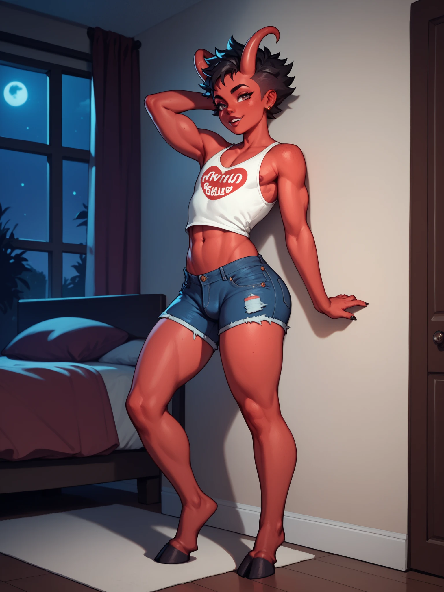 full body incubus femboy red skin (black short spiky hair) recurved legs hooves (jeans shorts with buldge) tanktop standing in the ritual circus in bedroom, (night 1.5), bo pictures on wall