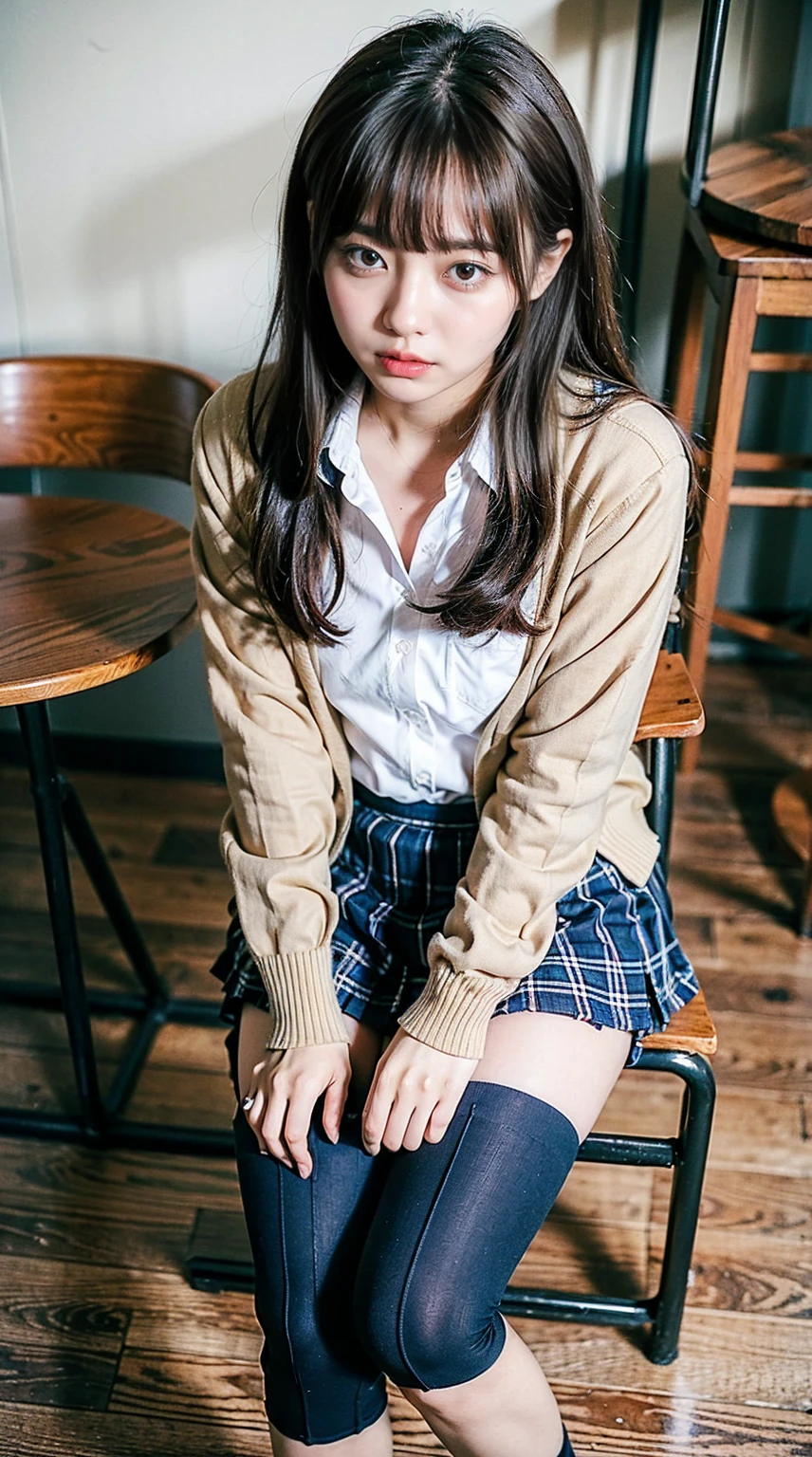 (((8k、High resolution、Highest quality、High resolution)))alone、Natural body shape、White skin、Natural Makeup、((Black Hair、bangs、Straight Long Hair))、(((A beautiful girl with a sense of transparency)))、Sitting on a chair、(Shooting from below:1.8), (())、(((((Full body photo)))))、(((Looking into the camera)))、(((Wear a uniform on the upper body)))、Bedroom、(((Of high school))) 、((white collared long sleeve blouse))、((Beige cardigan))、((Pleated skirt with dark blue plaid pattern、mini skirt、Ultra-realistic pantyhose:1.3))、、、Expressionless、((Exposing your thighs)),