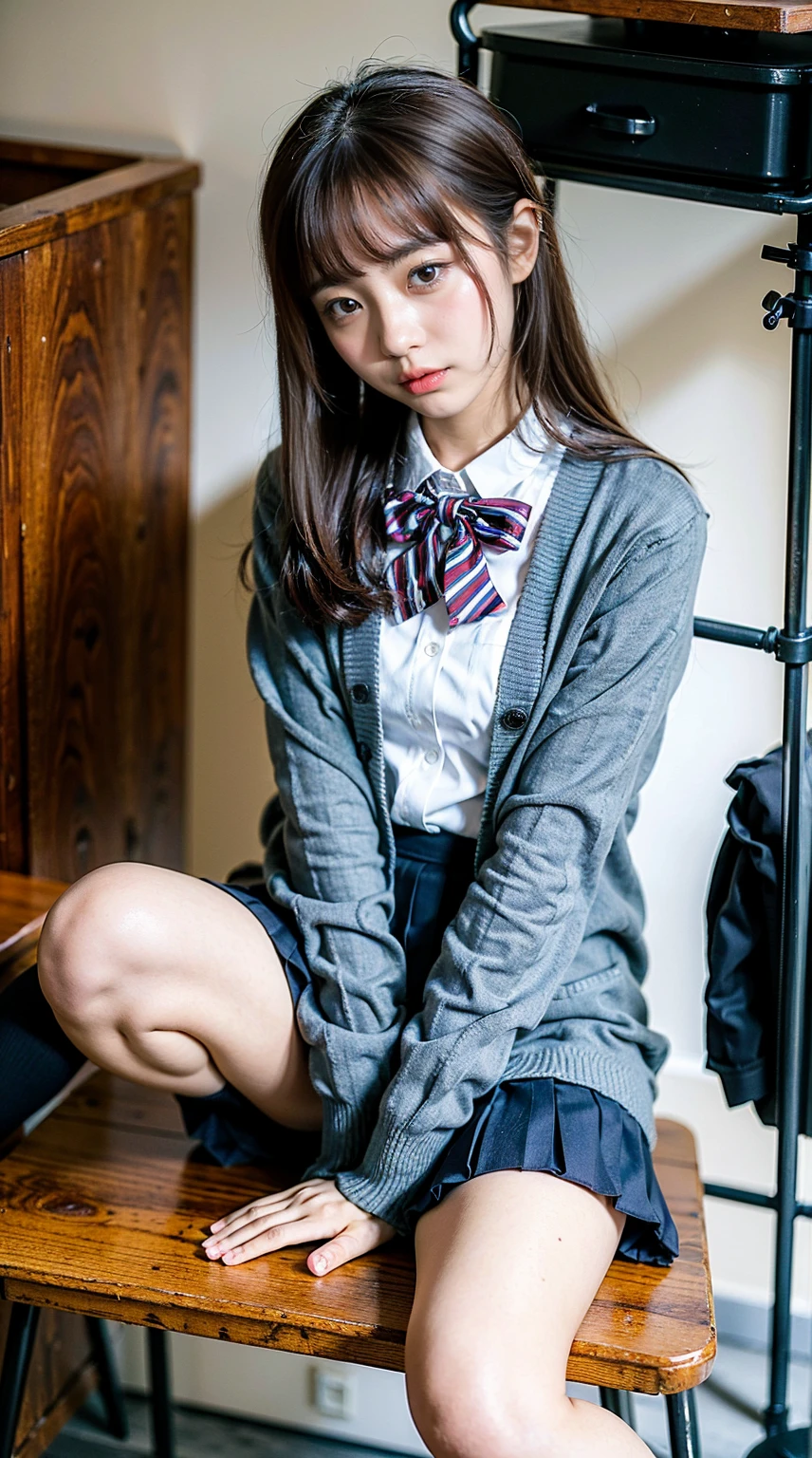 (8K、RAW Photos、Highest quality、masterpiece:1.2)、(Realistic、Photorealistic)、1 Girl、((Check mini skirt、Loafer Uniform、blazer、Small breasts、classroom、I sat on a chair、Viewed from the front、Spread your legs、White silk panties))、Lots of eyelashes、Add shine to your eyelids、skeletally correct、Show off your panties、Open your legs to the side、Panty Shot、sexy、(Panties close up:1.0)、Skirt Lift、Lift up the skirt、I can see her pant(M-shaped legs))