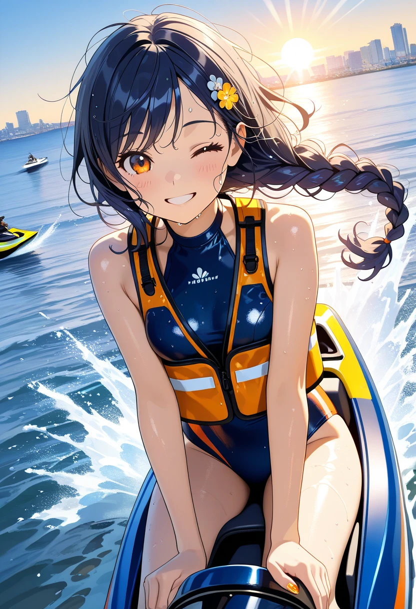 score_9_up, score_8_up, score_7_up, score_6_up, source_アニメ，2d, flat、Black Hair、Pigtails、Navy blue school swimsuit、Brown skin, glowing skin、(Red polka dots swim ring wrapped around chest)、Red underwater goggles, ocean、Sunset, evening
