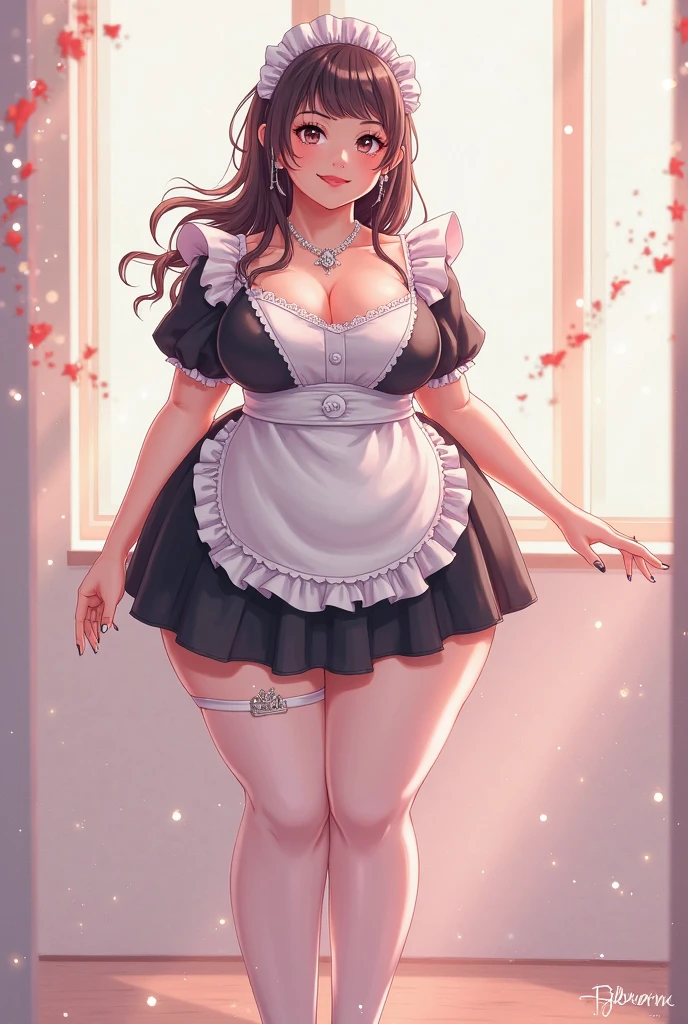 1 girl, name("Lana"), physique (“short” + “medium-sized breasts” + “plump lips” + “plump hips” + “firm ass”), clothes (“maid dress with a short skirt and deep neckline, transparent - black stockings, thongs”), favorite style of clothing (“short dress” + “long tank top” + “sexy outfits” + “sexy underwear” + “erotic outfits” + “erotic lingerie”), hair("long black hair"), фон комната, сексуальная поза