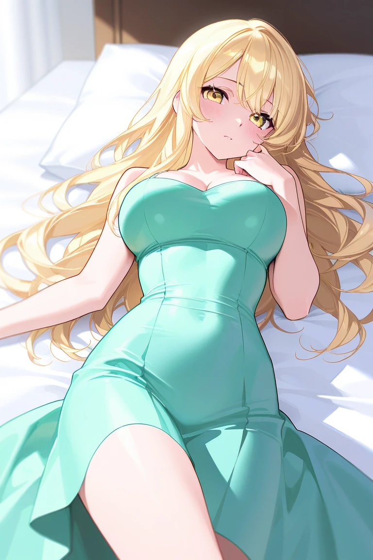 Flat woman, green tank top, laying in bed, looking at phone, dirty blonde hair