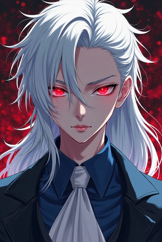male people,White-haired man,blueneyes,Red mole on the forehead,Dark blue suit,with black background,