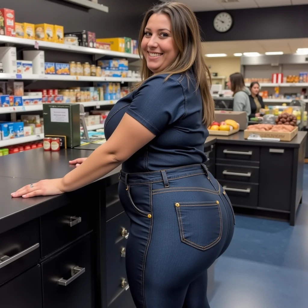 ((Solo)) Giantess middle age woman.((3 meters tall)). Super big breasts Poking from under The shirt. White hair, smiling, looking Down. Wearing black jeans and a Black shirt. Very big biceps and massive muscles, muscular. in a shop aisle. ((ASS reaching The ceiling))