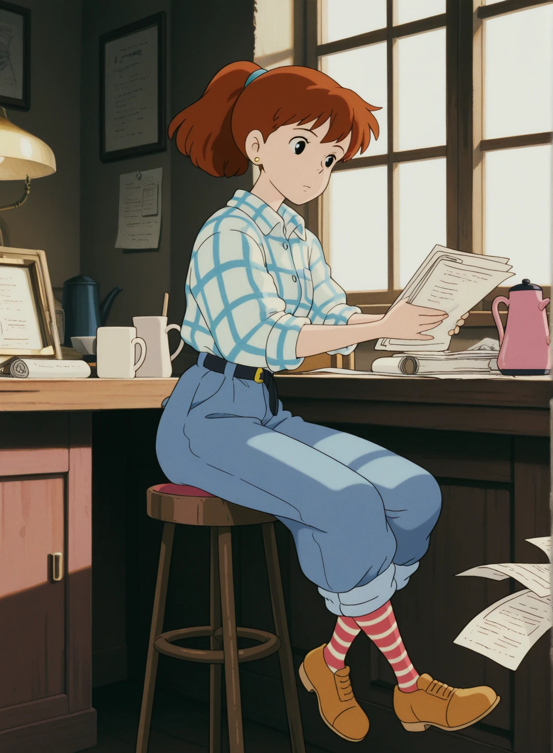 (masterpiece:1.2)、(Highest Quality:1.2)、(very aesthetic:1.2)(absurd:1.2)masterpiece, best quality, very aesthetic, absurdres, masterpiece, best quality, very aesthetic, absurdres, 1girl, solo,
fio_piccolo, fio_casual, brown hair, ponytail, black eyes,Thin waist, curvaceous
stud earrings, plaid shirt, sleeves rolled up, shirt tucked in, black belt, blue pants, striped socks, brown footwear,
window, cup, lamp, paper, holding, mug, chair,sitting on a round stool