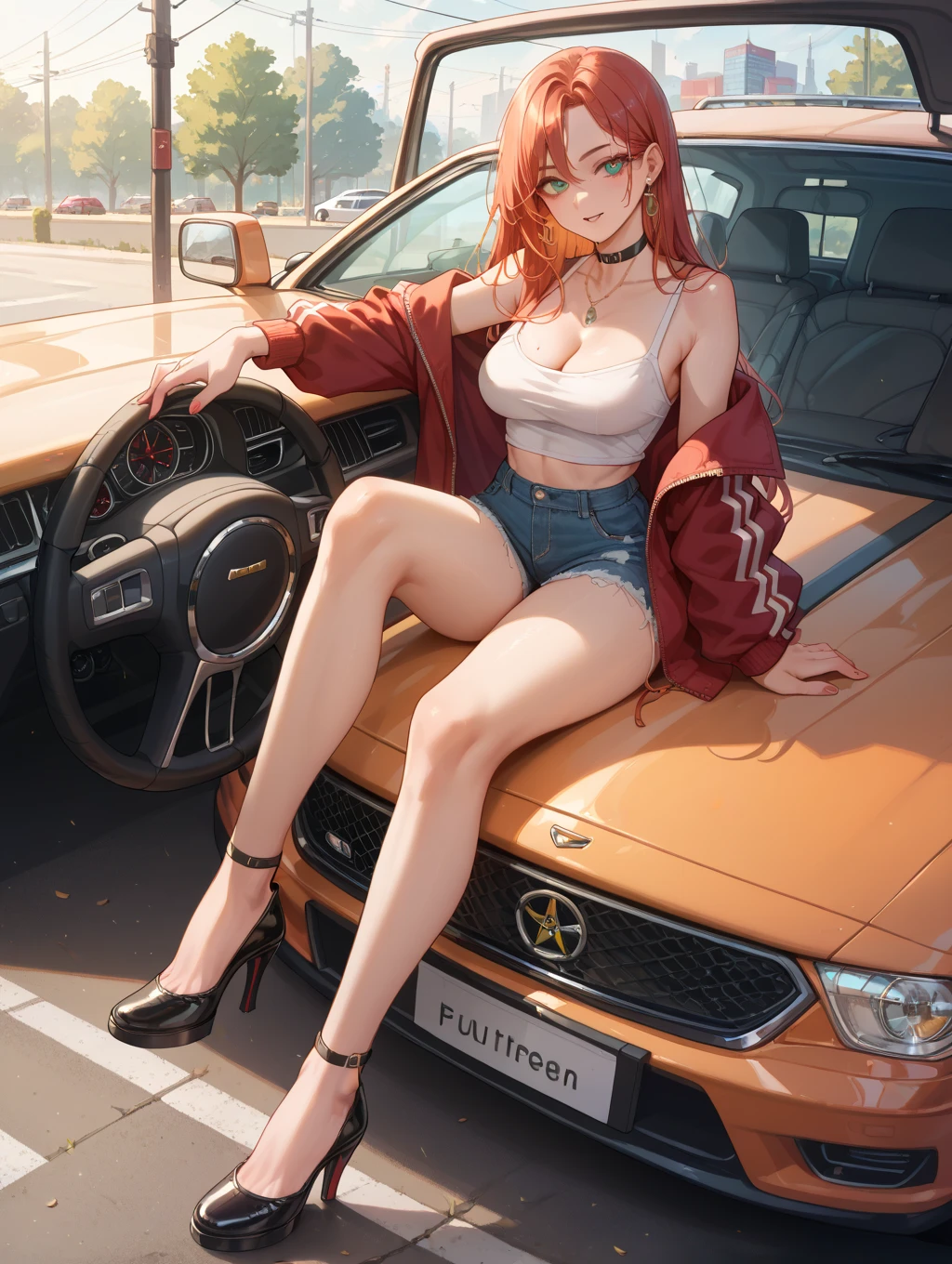 1girl, rear view, leaning on a car, (ferrari), short skirt, bikini, red hair, freckles, looking at camera, green eyes, cat eyes, medium breasts, 4k, 8k, maximum depth, background blur, bokeh, perfect lighting, perfect quality, pink and blue lighting