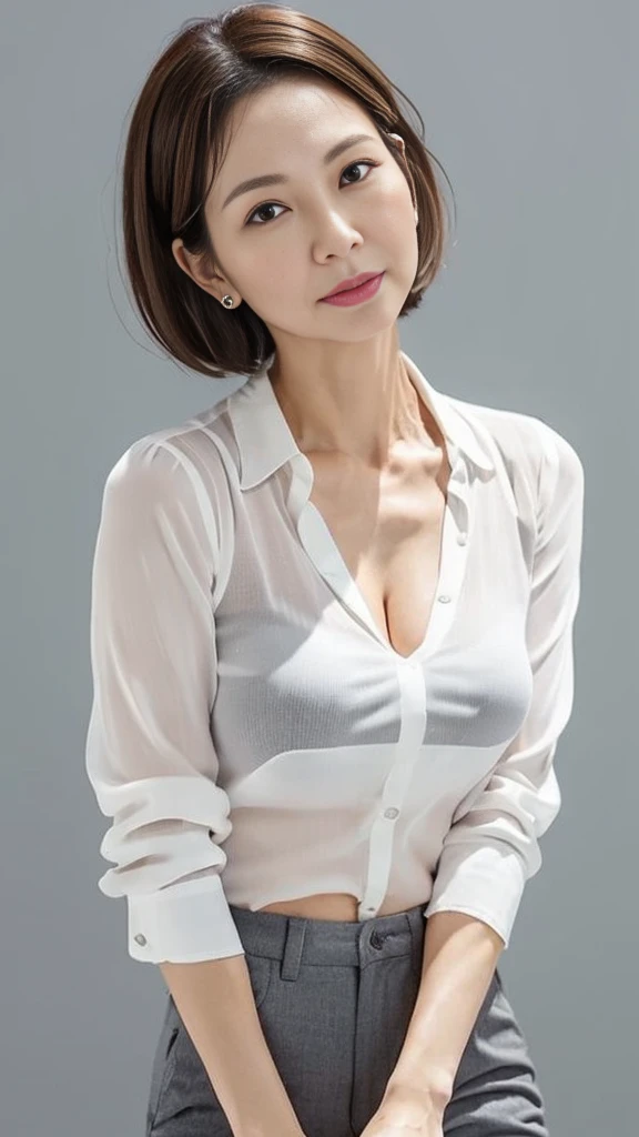 ((top-quality、8K、​masterpiece:1.3))、sharp:1.2、Perfect Body Beauty:1.4、Slim abs:1.2、((huge-breasted:1.2))、(White Button Long Shirt:1.1)、(ty:1.2)、Highly detailed facial and skin texture、A detailed eye、double eyelid、s Office、bra very、a smile, (Half body)