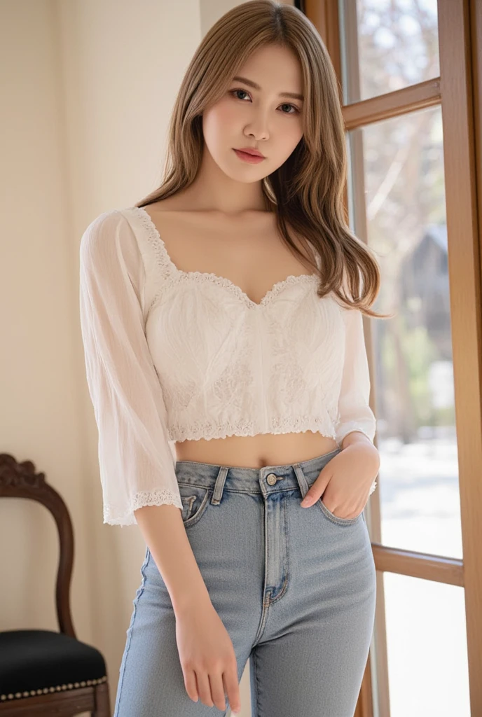 beautiful, Luz outfit, (beautiful and delicate eyes), Very detailed, pale skin, big smile, (wide), Dreamer, medium chest, Woman 1, ((front shot)), hits, fiery red hair,light green eyes, happy expression, bright smile, 8k art photo, photorealist concept art, realist, Person, , Fancy, jewelry, shyness, Dreamer soft image, mini skirt, lace t-shirt, Red color, (Masterpiece:1.2), (Best Quality:1.2), ultra detailed, best shadow, detailed background, High contrast, (better lighting, an extremely delicate and beautiful), ((cinematic light)), hyper detail, dramatic light, intricate details, 8k, very aesthetic, photorealist,