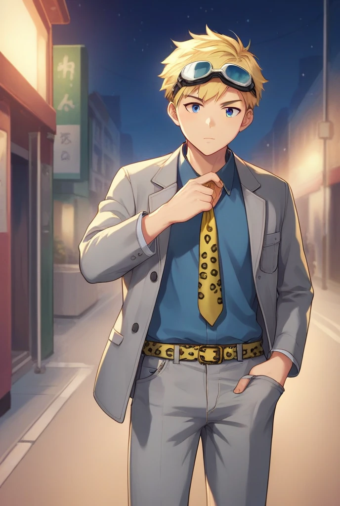 score_9, score_8_up, source_anime, 1boy, solo, NanamiBase, blonde hair, short hair, goggles, grey jacket, yellow necktie, leopard print, blue shirt, collared shirt, grey pants, adjusting clothes, adjusting necktie, hand up, outdoors, street, night, 