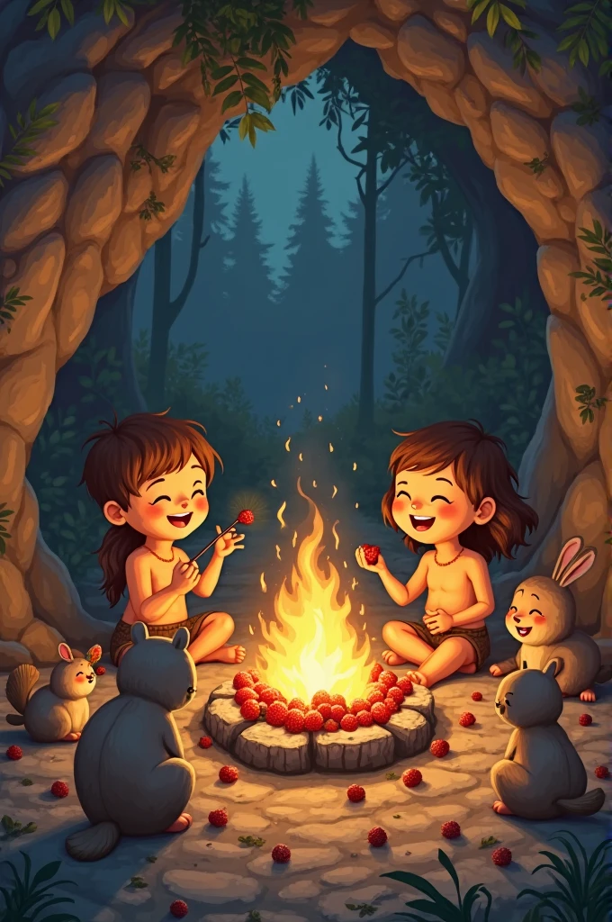 create an illustration of a prehistoric scenario, where people lived in caves, wore clothes made from animal skins and hunted to get food, this image must be cute pixar style for a children's story book, it must have a bonfire