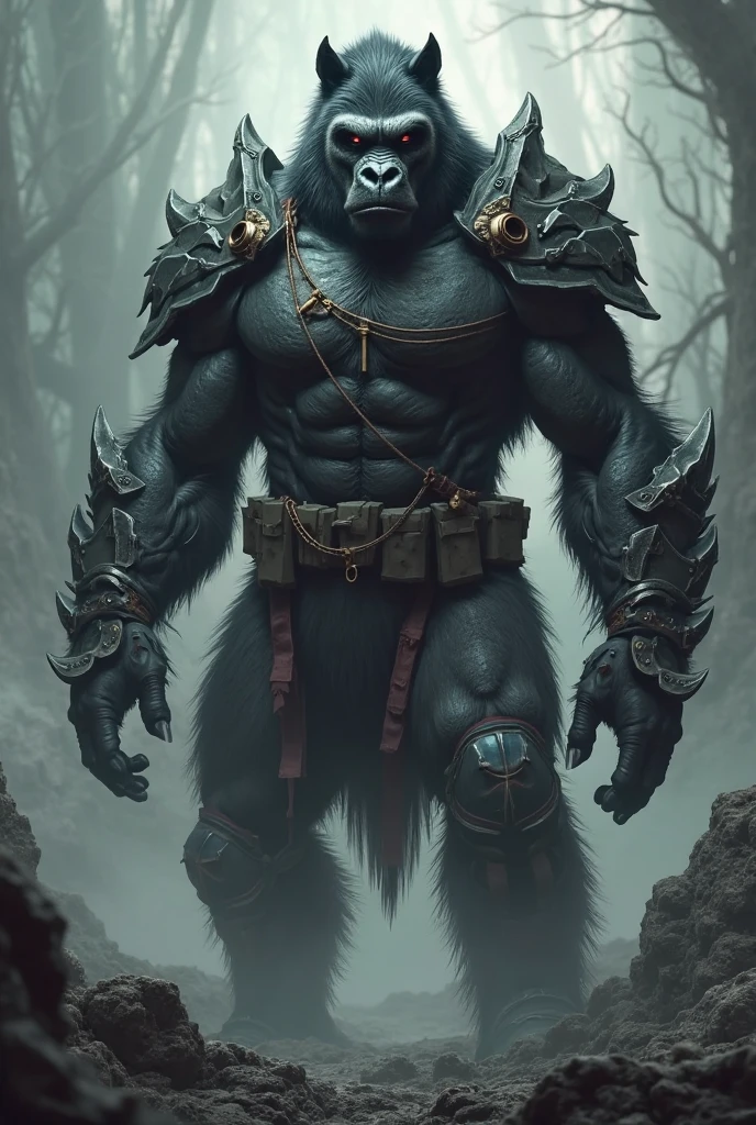 RAW image, Epic scene, ((portrait)), award-winning photo portrait of a werecreature werelion gorilla, wearing a black and silver armor, with gigant axe in the hands, rainforest background, hyperdetailed, (artstation:1.5), cinematic, warm lights,