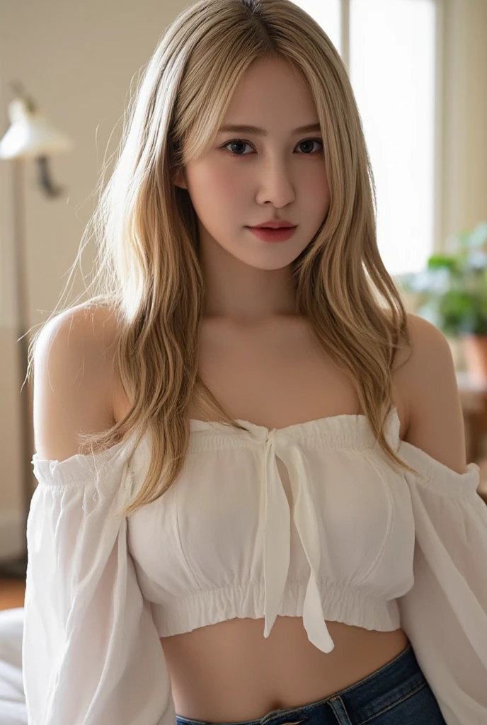 (smile1.6)、Raw photography、from the front side、medium shot,(((Portrait of extreme beauty)))、((Tanned skin 1.6))、女の子1人、Beautiful 18 year old girl in Japan、bright expression、((platinum-blonde-hair))、Glossy glossy skin、Silky long straight hair、eye liner、Beautiful bangs、Hair between the eyes、((masterpiece、top-quality、ultra-detailliert、Film Light、intricate-detail、hight resolution、ighly detailed))、细致背景、8KUHD、Digital SLR、Soft light、hightquality、Film grain、FujifilmXT3 、Shallow depth of field、natural soft light、(No hands)、Looking at the camera、middlebreasts、Sweaters