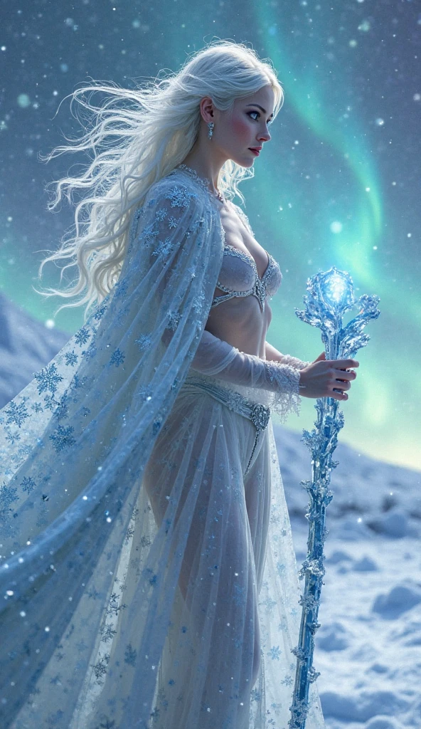 A beautiful girl as ice goddess with a magical ice gown with crystals( the gown will be covering her full body) ,stylish hairs, a magic stick of ice and crystals and the photo looks charismatic in a icy mountain