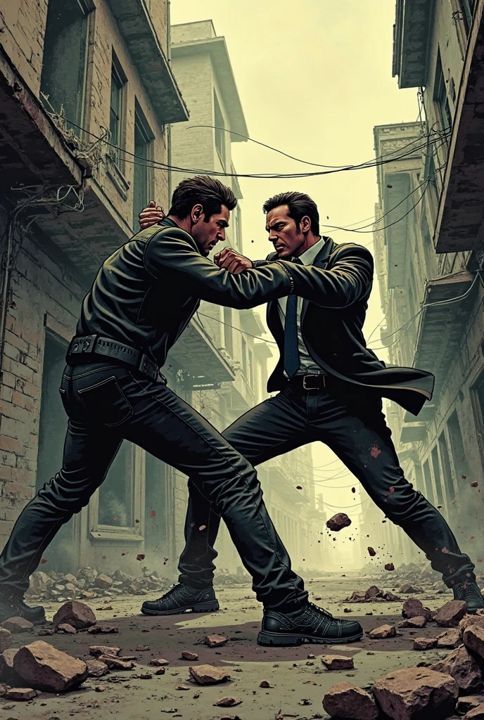 A tall man with black hair and a man with brown hair fighting and behind them a scared woman watching the fight