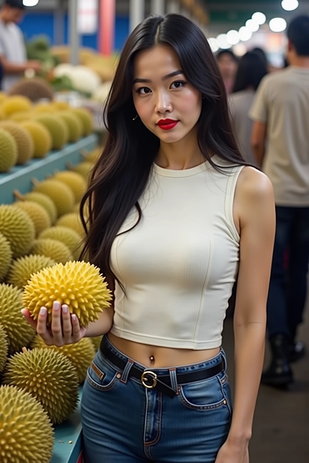 Beautiful girl, beautiful figure, big breasts, white tank top, long jeans, black apron, background is a durian shop, hand holding durian balls.