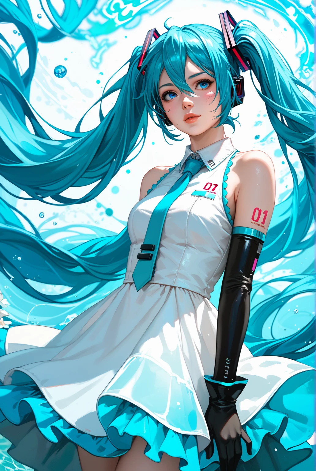 (best quality, masterpiece, colorful, dynamic angle, highest detailed) \Hatsune Miku\, upper body shot, fashion photography of cute, intense long hair, (Hatsune Miku), dancing pose, (ultrahigh resolution textures), bokeh, light passing through hair, (abstract background:1.3)(official art)