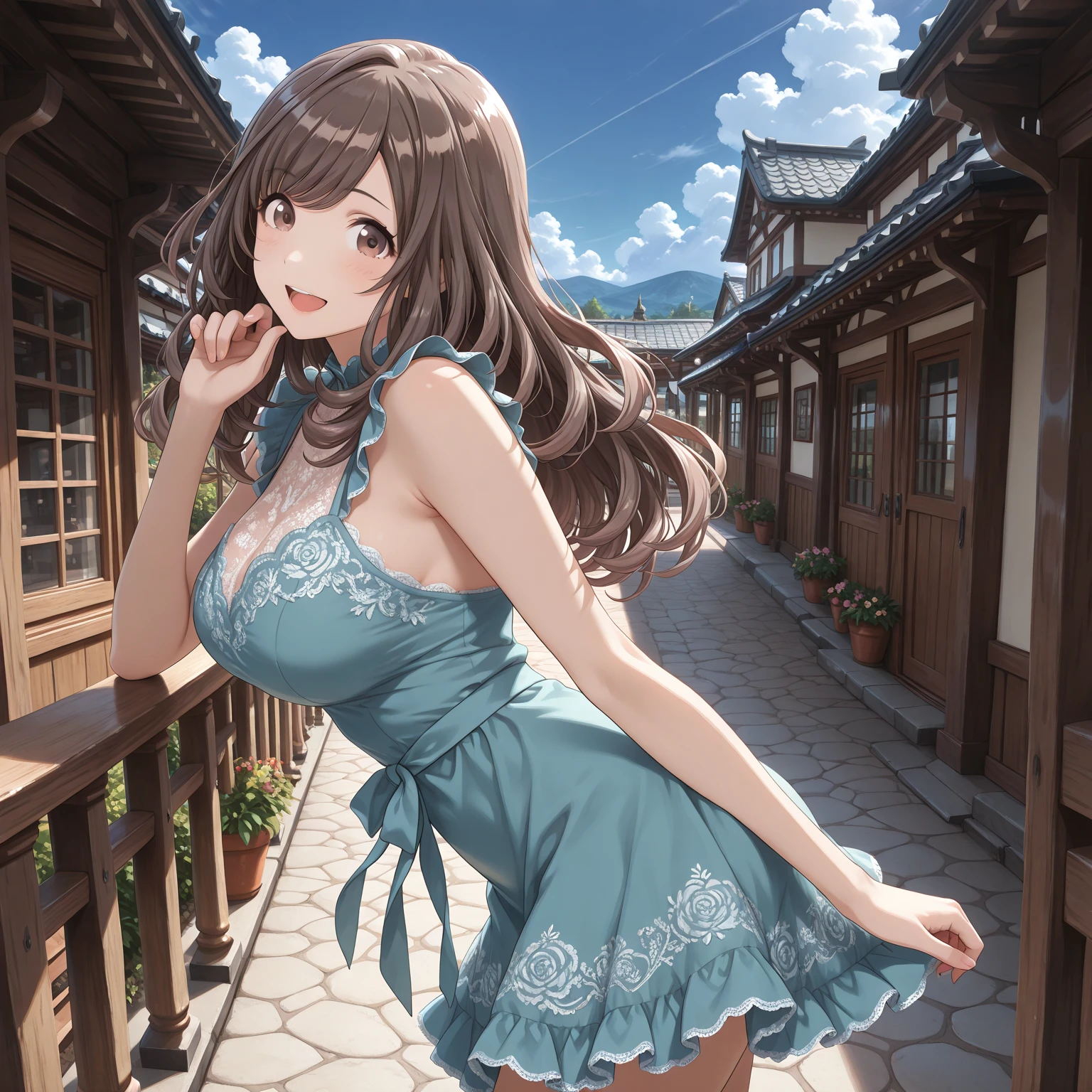 (Masterpiece), (HD), (High Resolution), (Best quality and very detailed), (Perfect Anatomy), (Fantasy Genre), (Anime style), (Highest resolution and Quality), (character alone, solo)
{{(1character:60years old lady milf citizen:(messy hair tied in a medium messed ponytail, fair skin, blue eyes, sweet open smile, happy carefree expression, Big breasts, nice figure, Beauty mature feminity, beautiful arms, beautiful legs, delicated features),(red dress, green shoes, yellow ribbon in the hair messed-ponytail,(gentle posture, sweet mother demeanor, loyal protectice wife attitude, standing upright, sweetness and love),(morning at central park, United States city, summer season, central para New York))}}