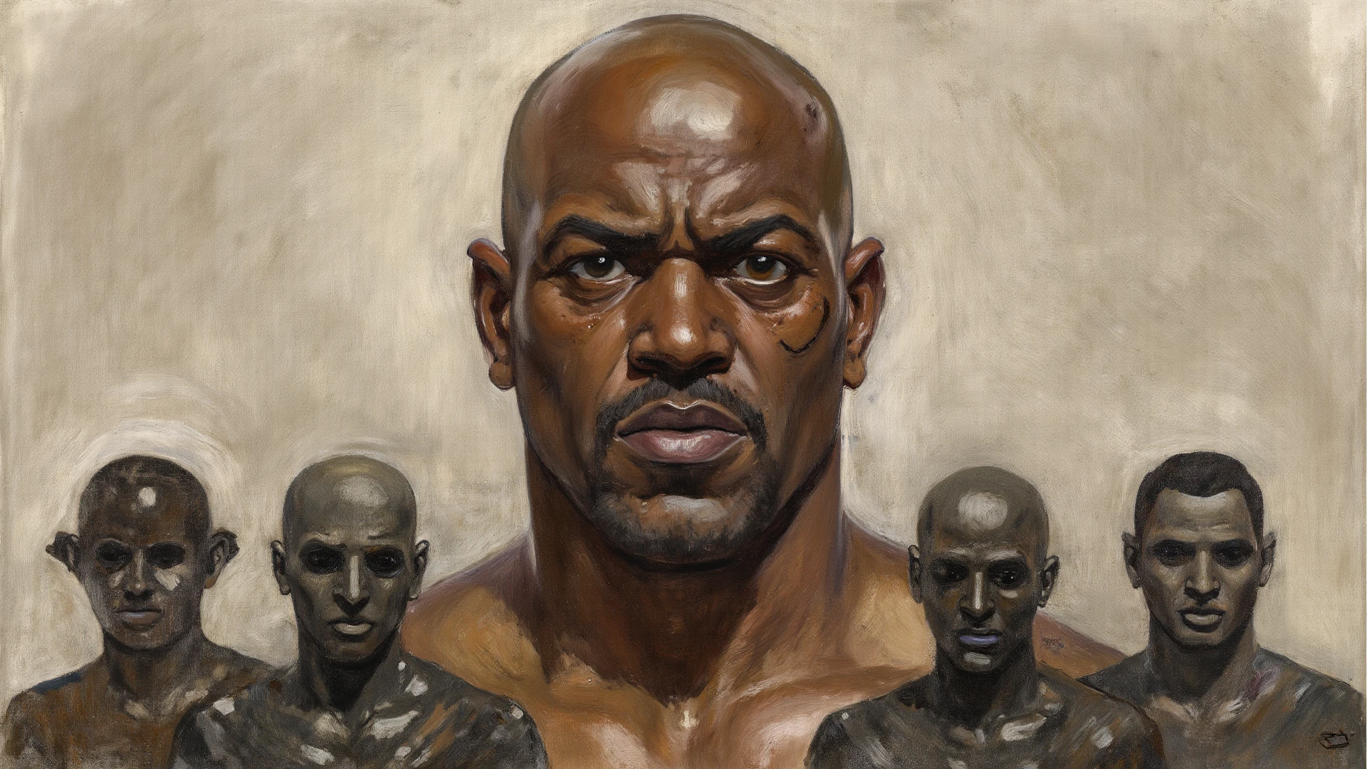 A young boy stands proudly beside a large, intricately carved wooden bust of soccer star Mike tyson. 
The sculpture, carved from a single tree trunk, is incredibly lifelike and detailed. 
They are set against a backdrop of a simple village, possibly in Africa, with thatched huts and dirt ground.