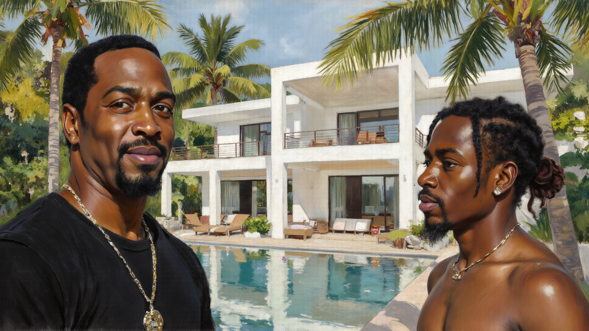 RAW photo, a portrait photo of 40 y.o white man and his lovely wife, formal beach clothes, standing in front of his luxury Caribbean beach front infinity pool villa, natural skin, 8k uhd, high quality, film grain, Fujifilm XT3 ,beautiful symmetrical face, perfect sparkling eyes, well defined pupils, high contrast eyes, ultra detailed skin