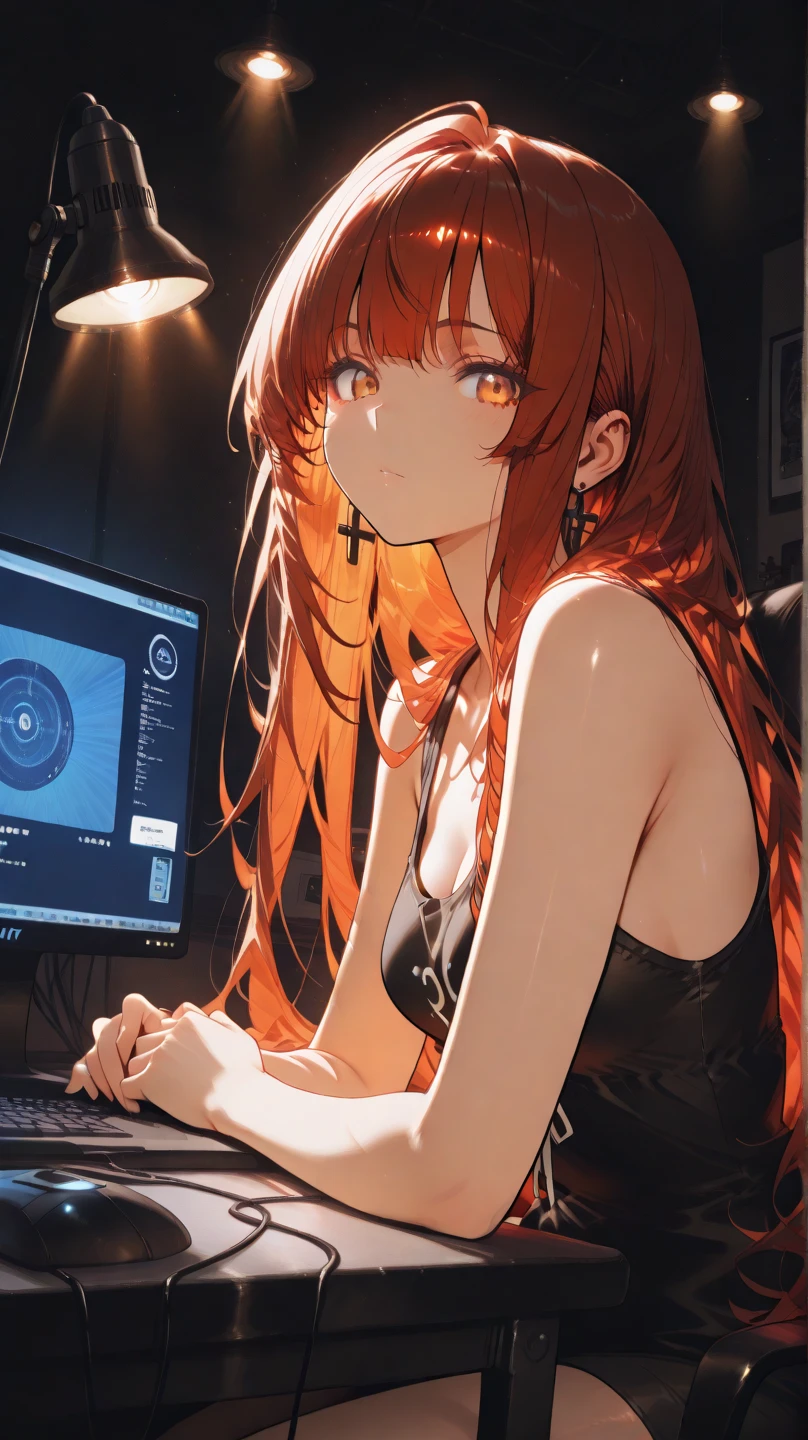 ((masterpiece, best quality)), 1girl, female oni, demoness woman with an hoursglass figure, playing video games, indoors, cold expression, dark room
maud, long hair, yellow eyes, light red hair, twintails, white tank top