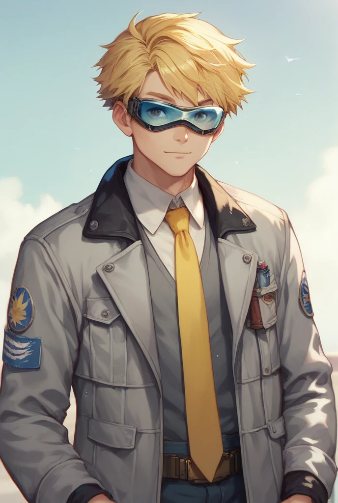 1boy, solo, NanamiBase, blonde hair, short hair, goggles, grey jacket, yellow necktie, 