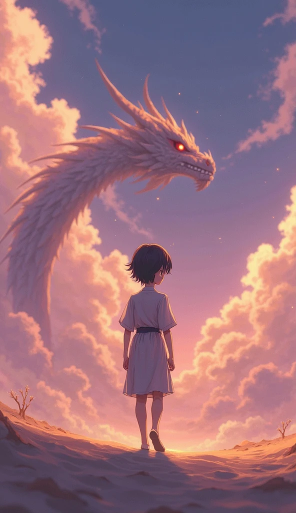 A Japanese girl is in a classroom with her friends. She is studying the digestive system. There is a picture of a stomach. She looks out the window. There is a black dragon in the sky.