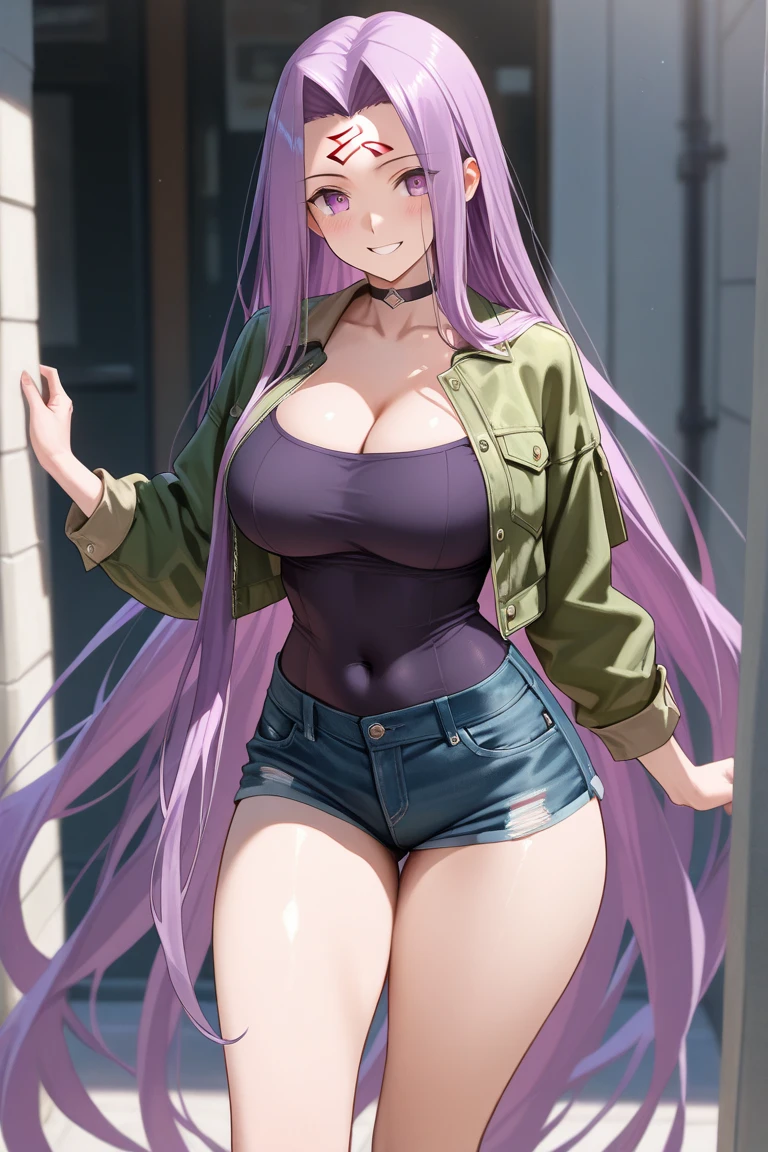 Wolf Girl, Large Breasts, Voluminous light purple hair, masterpiece , Red eyes, hd, Thick thighs, Head to Chest, buried in my chest、Double teeth、tooth、Chubby、Grinning、Vertical Line Camisole、Big Tits、Denim Jacket、white iris、