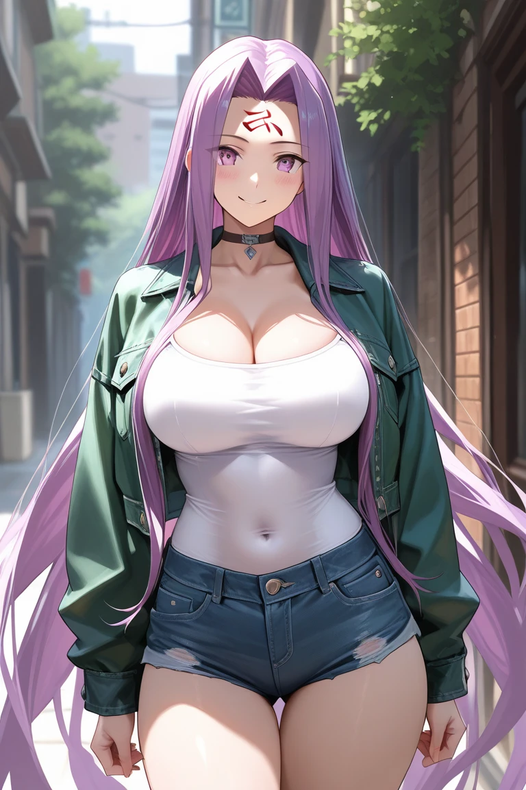 1girl (masterpiece, round_iris, extremely crisp crystalline shiny purple eyes, perfect_anatomy, extremely_captivating_hypnotic_mystic_eyes, ) perfect face, long pink hair, smiling evil, big breasts, shorts and white top, outside, going for a walk, dynamic pose, best quality, 4k