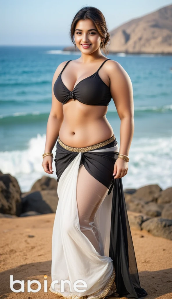 Indian model lookbook curvy Plus size wearing white saree beach background 8k,