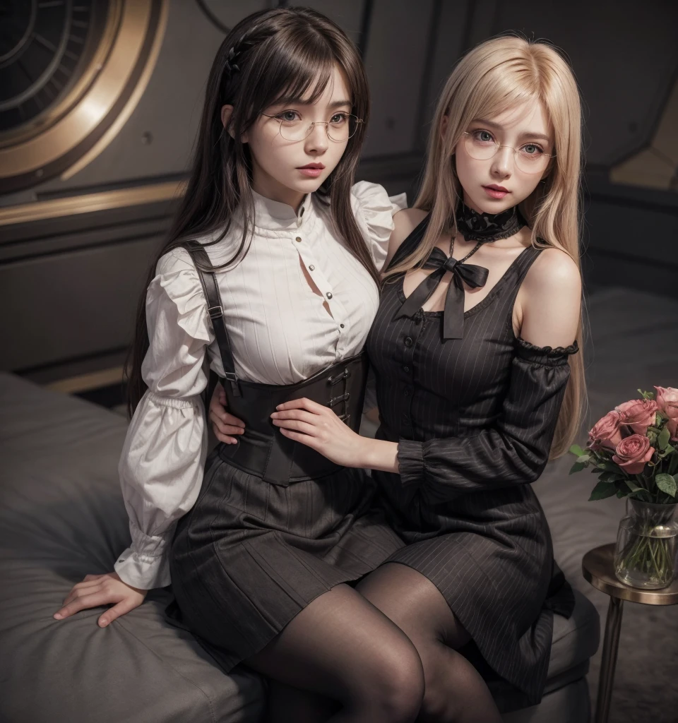 artworks, Best Quality, girl, Alternatives to Long Hair, absurdly long hair, Blonde hair, bow hair, aqua eyes, Seductive smile, tongue, Black eyes, longeyelashes, Big breasts, Mole on the chest, White shirt, Short black skirt, shoes, Pendants, Hair Ribbon, Flower ribbon, hair_bow ribbon, hair_bow ribbon, hair_flower