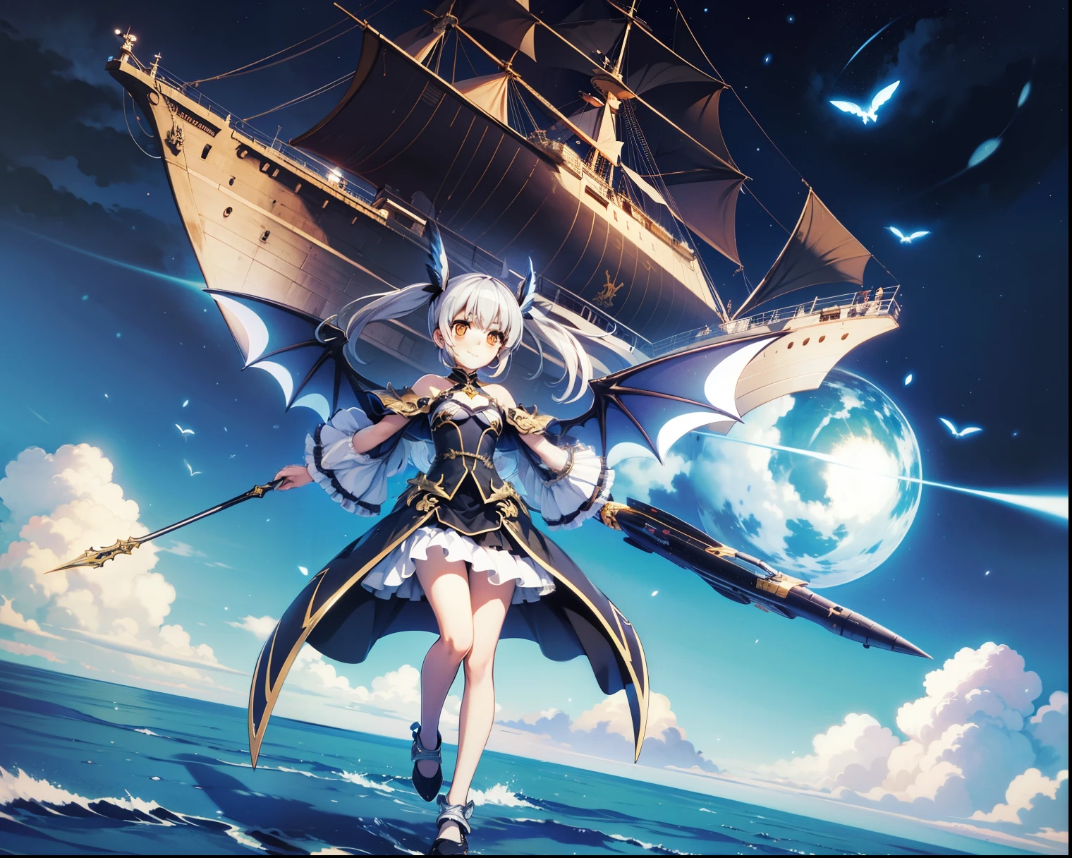 Full Body A broad perspective High Sky、Exercise magic、Giant Blue Magic Circle are flying above the clouds flies while protecting a spaceship one girl young gentle smile、Sleepy eyes、yellow eyes、Long twin-tail hair that shines blue a gothic ta suit with lots of frills Silver Knight Armor on Arms, Legs, and Chest、6 big wings on the back、with lots of decorations and a huge black sword、Night Sky、A giant ship behind it、a ship with a streamlined shape、a ship with blue and gold armor、a huge yellow magic circle behind the ship