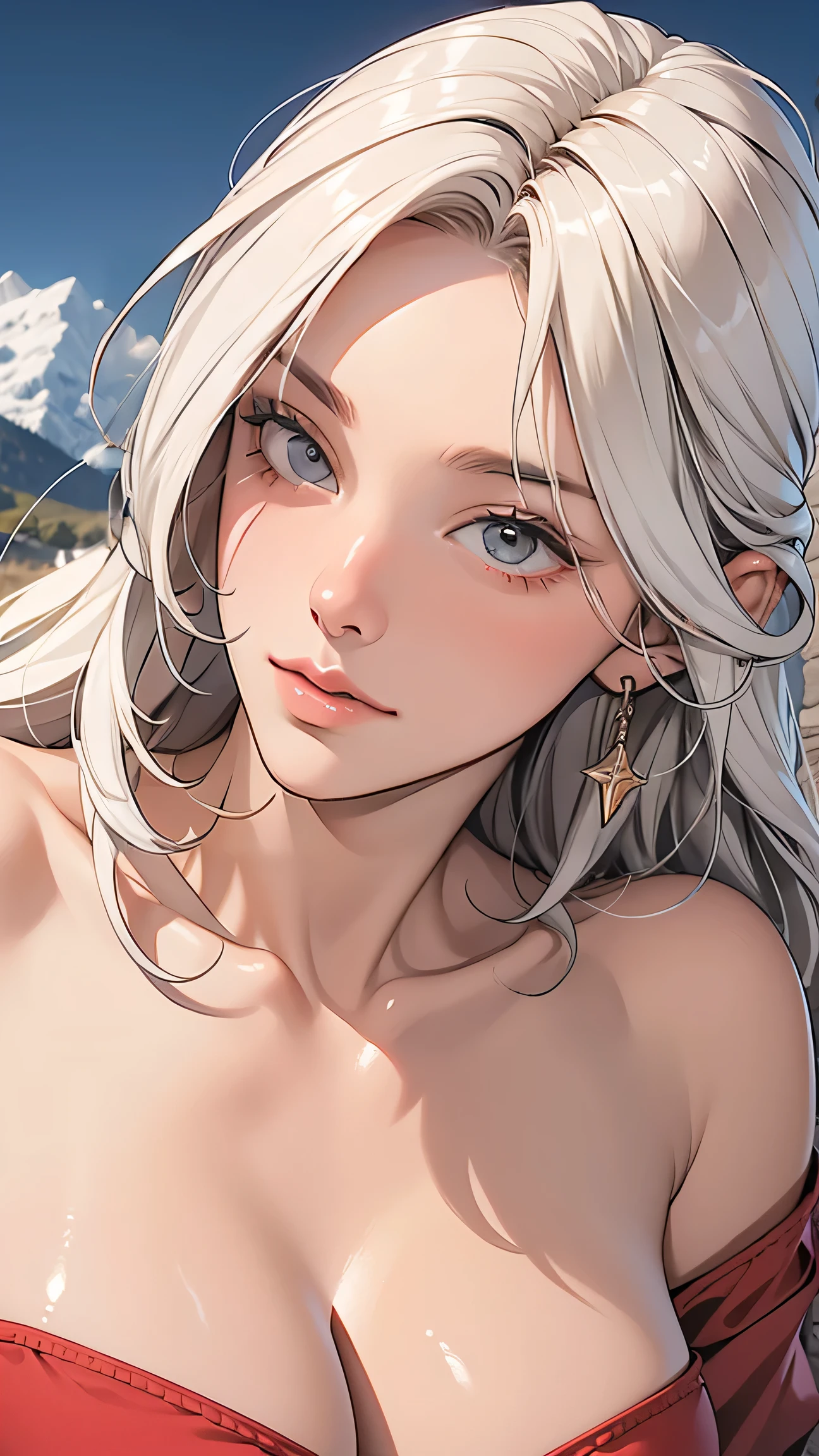 ((((masterpiece, best quality, high resolution)))), Extremely detailed 8K, Beautiful woman with mature body, (mature woman:1.5) (Ultra HD, Ultra-detailed, Highly detailed, Highly realistic, Ultra-realistic, photograph realistic), (1woman:1.5), (solo:1.5) (Realistic white hair), (white hair:1.2) long wavy hair, (pale skin:1.1) (dynamic poses), facing at camera, (upper body:1.5), (breast:1.5) (blush:1.1) light smile, parted lips, blue eyes, (huge breasts: 1.2), cleavage, (beautiful detailed face, beautiful detailed eyes), fluffy off-shoulder yukata, (no bra:1.1), see through, outdoors, On top of a picturesque hill, hills background,