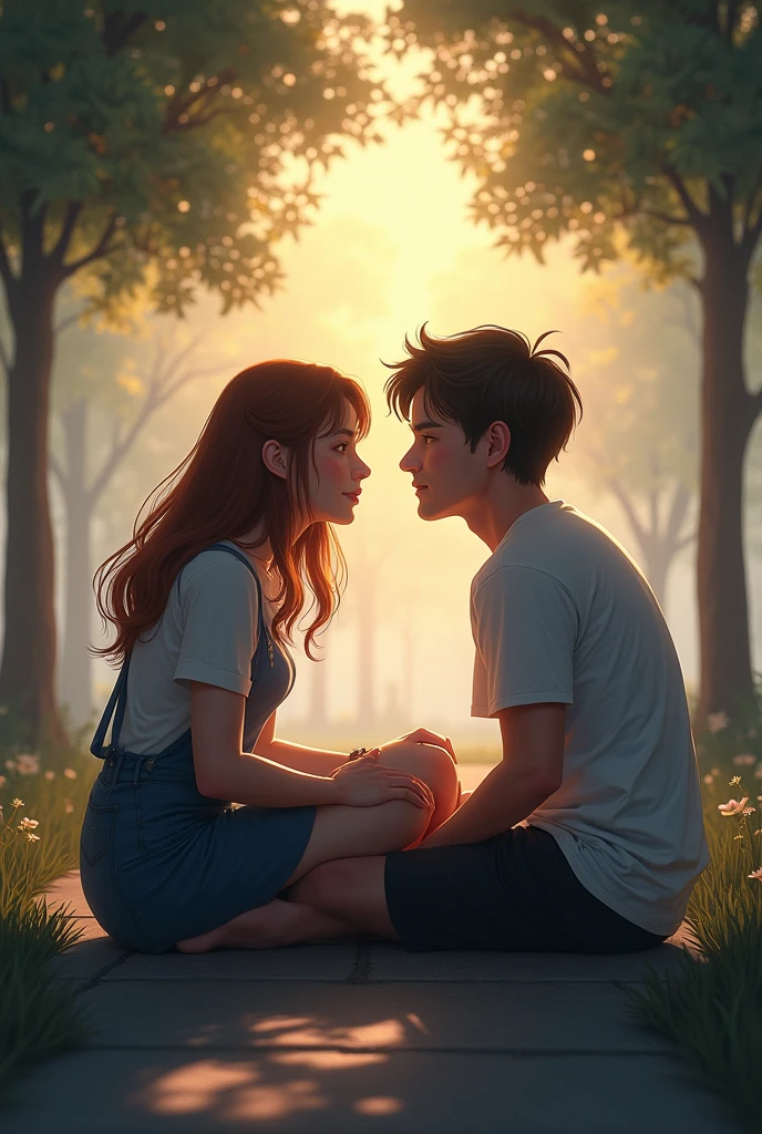 A young man and girl are sitting in a park holding each other's hands and